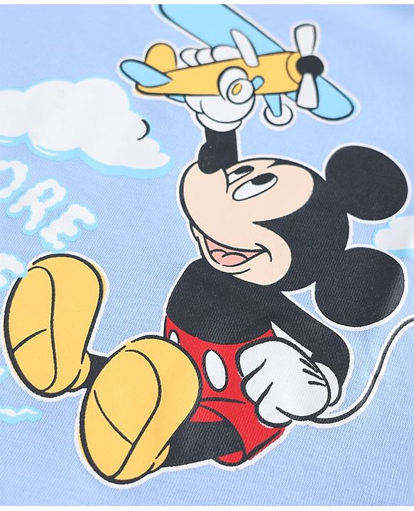 Babyhug Disney Single Jersey Knit Full Sleeves T-Shirt & Striped Pyjama Night Suit With Mickey Mouse Graphic - Light Blue