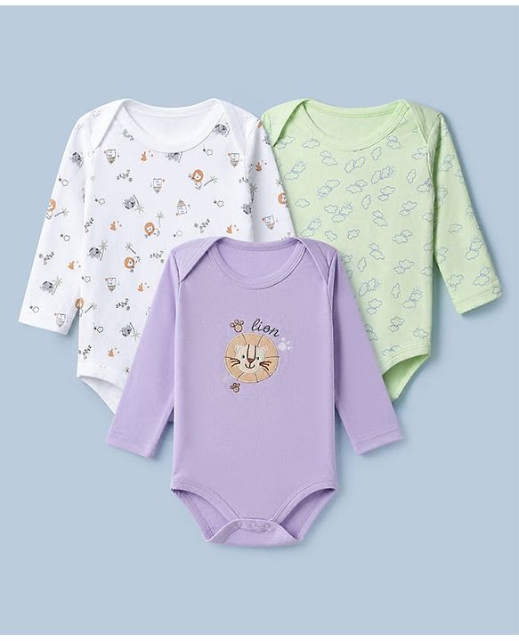 Babyhug 100% Cotton Interlock Knit Onesies with Lion & Cloud Print in White Green Blue Pack of 3