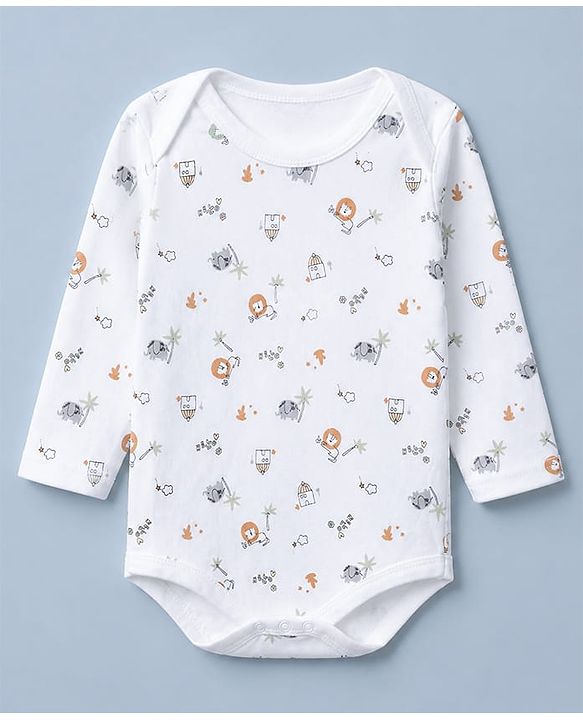 Babyhug 100% Cotton Interlock Knit Onesies with Lion & Cloud Print in White Green Blue Pack of 3