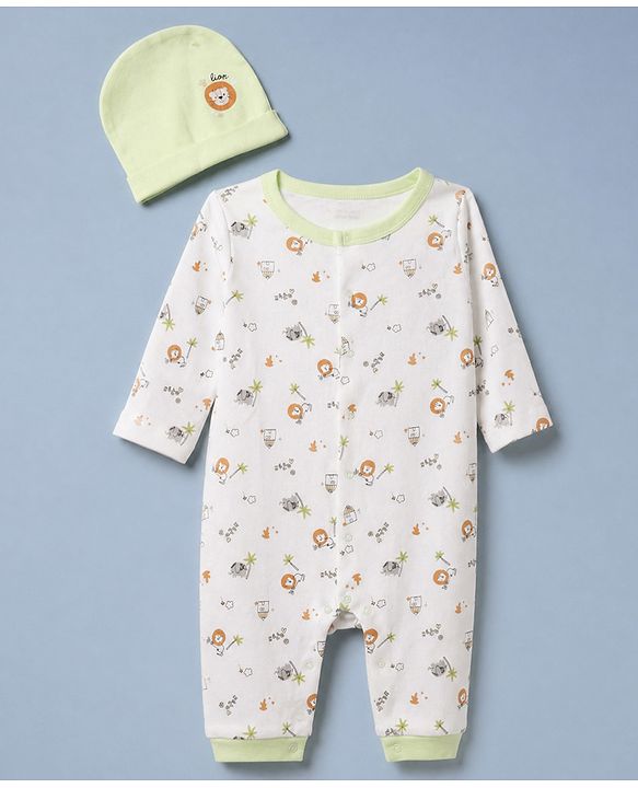 Babyhug 100% Cotton Knit Full Sleeves Animal Printed Romper With Cap - White