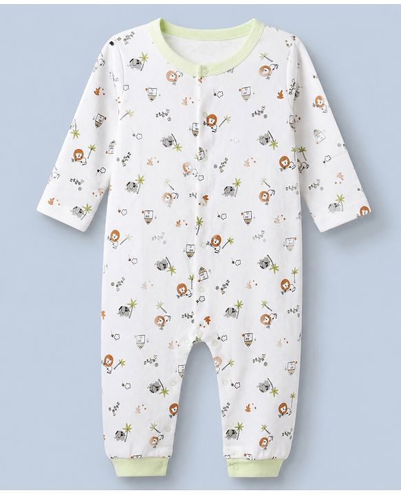 Babyhug 100% Cotton Knit Full Sleeves Animal Printed Romper With Cap - White