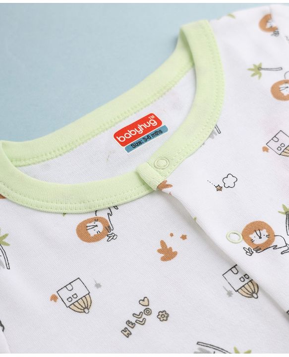 Babyhug 100% Cotton Knit Full Sleeves Animal Printed Romper With Cap - White