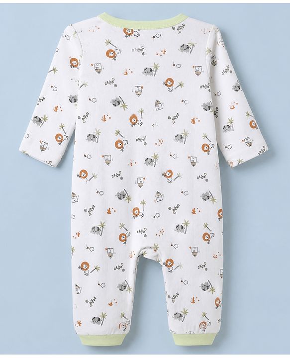 Babyhug 100% Cotton Knit Full Sleeves Animal Printed Romper With Cap - White
