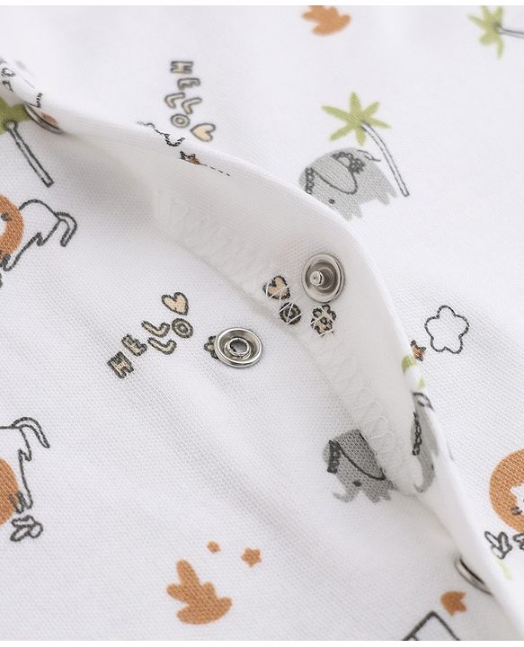 Babyhug 100% Cotton Knit Full Sleeves Animal Printed Romper With Cap - White