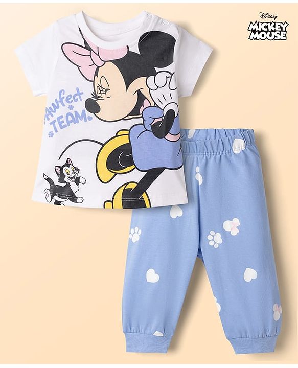 Babyhug Disney Single Jersey Knit Full Sleeves T-Shirt & Pyjama Night Suit With Minnie Mouse Graphic - White