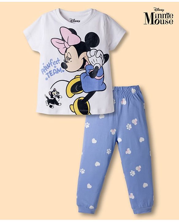 Babyhug Disney Single Jersey Knit Full Sleeves T-Shirt & Pyjama Night Suit With Minnie Mouse Graphic - White