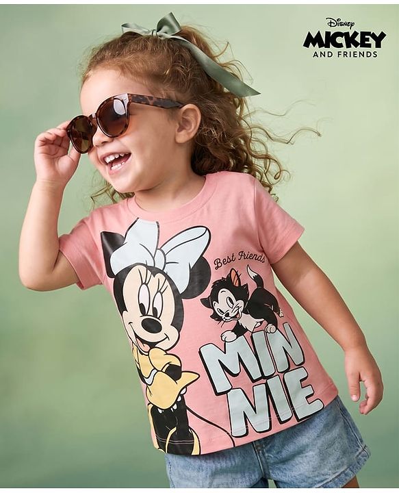 Babyhug Disney Single Jersey Knit Half Sleeves T-Shirts with Minnie Mouse Print - Pink