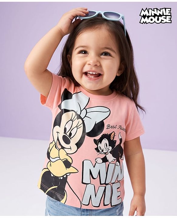 Babyhug Disney Single Jersey Knit Half Sleeves T-Shirts with Minnie Mouse Print - Pink
