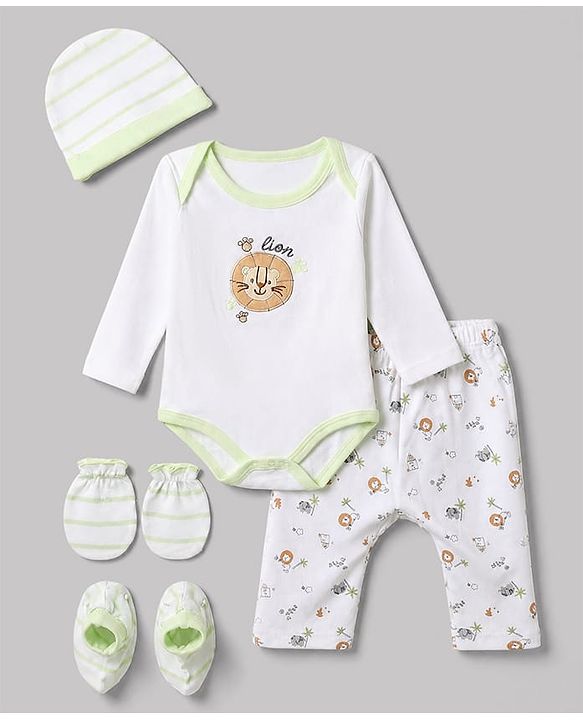 Babyhug 100% Cotton Interlock Knit Full Sleeves Animal Printed Onesies with Leggings & Cap Mittens and Booties - White