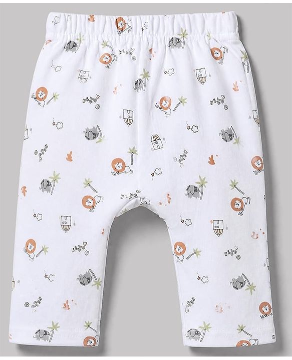 Babyhug 100% Cotton Interlock Knit Full Sleeves Animal Printed Onesies with Leggings & Cap Mittens and Booties - White