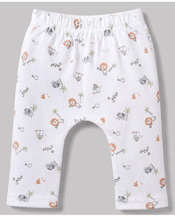 Babyhug 100% Cotton Interlock Knit Full Sleeves Animal Printed Onesies with Leggings & Cap Mittens and Booties - White