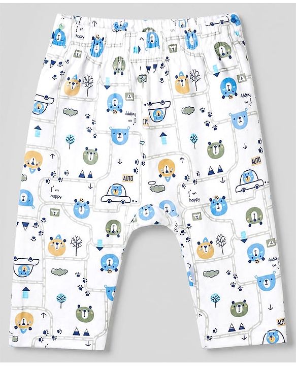 Babyhug 100% Cotton Interlock Knit Full Sleeves Teddy Bear Printed Onesies with Leggings & Cap Mittens and Booties - White