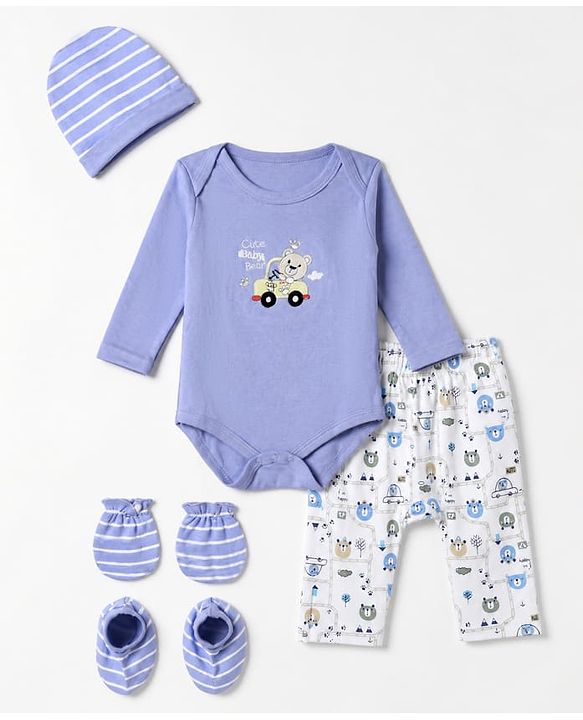 Babyhug 100% Cotton Interlock Knit Full Sleeves Teddy Bear Printed Onesies with Leggings & Cap Mittens and Booties - White