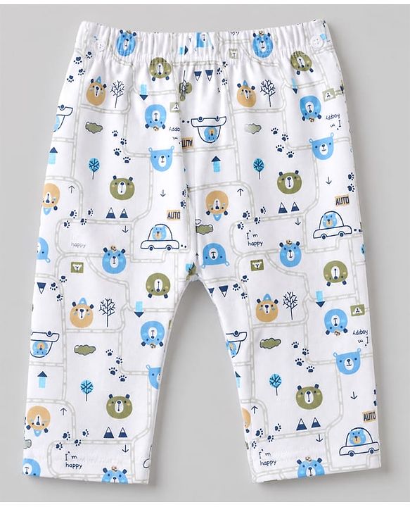 Babyhug 100% Cotton Interlock Knit Full Sleeves Teddy Bear Printed Onesies with Leggings & Cap Mittens and Booties - White
