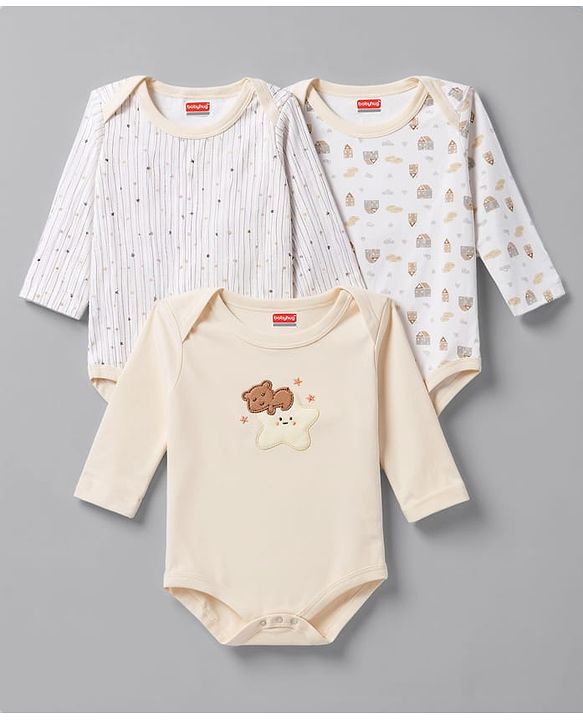 Babyhug 100% Cotton Interlock Knit Full Sleeves Striped Onesies with Bear Applique Pack of 3 - White