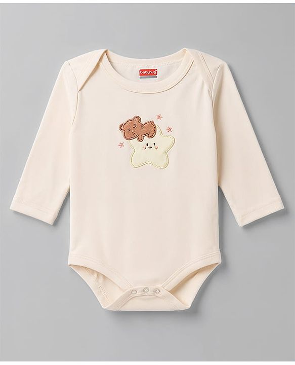 Babyhug 100% Cotton Interlock Knit Full Sleeves Striped Onesies with Bear Applique Pack of 3 - White