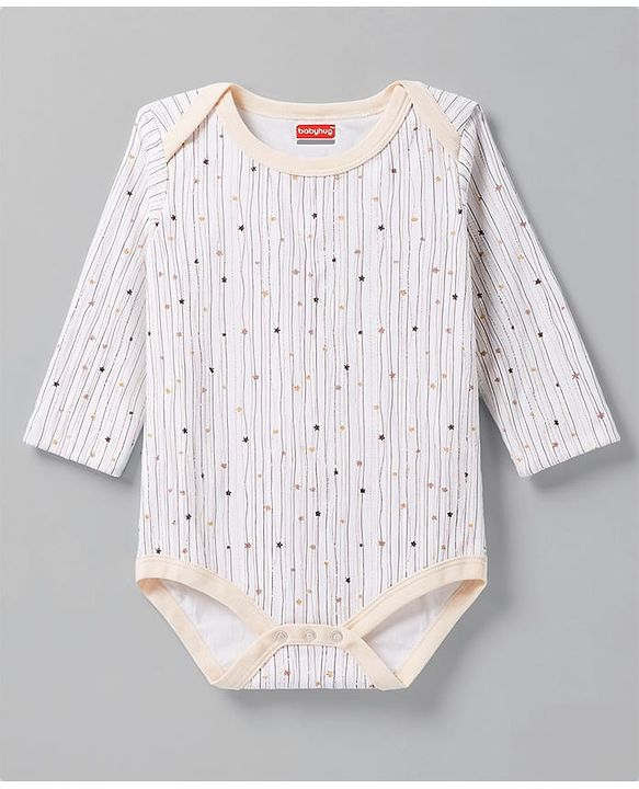 Babyhug 100% Cotton Interlock Knit Full Sleeves Striped Onesies with Bear Applique Pack of 3 - White
