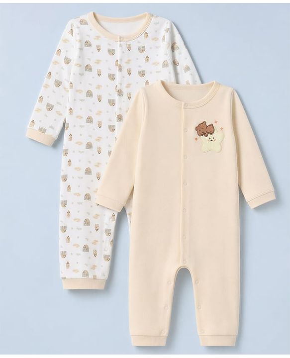 Babyhug 100% Cotton Interlock Knit Full Sleeves Rompers With House Print & Teddy Bear Patch Pack of 2 - White & Beige