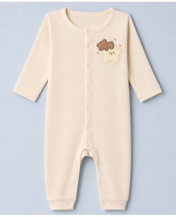 Babyhug 100% Cotton Interlock Knit Full Sleeves Rompers With House Print & Teddy Bear Patch Pack of 2 - White & Beige