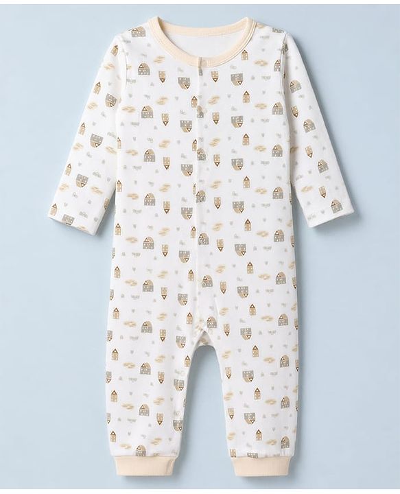 Babyhug 100% Cotton Interlock Knit Full Sleeves Rompers With House Print & Teddy Bear Patch Pack of 2 - White & Beige