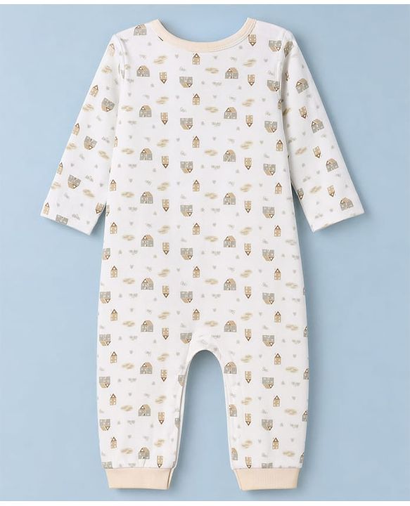 Babyhug 100% Cotton Interlock Knit Full Sleeves Rompers With House Print & Teddy Bear Patch Pack of 2 - White & Beige