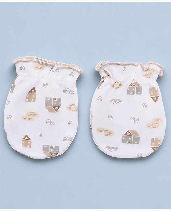 Babyhug 100% Cotton Knit Full Sleeves House Printed Onesie With Leggings & Cap Mittens & Booties Set - White & Beige