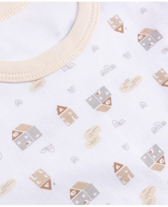 Babyhug 100% Cotton Knit Full Sleeves House Printed Onesie With Leggings & Cap Mittens & Booties Set - White & Beige