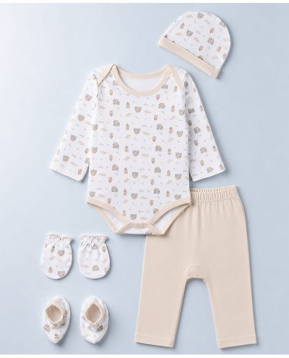 Babyhug 100% Cotton Knit Full Sleeves House Printed Onesie With Leggings & Cap Mittens & Booties Set - White & Beige