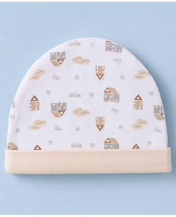 Babyhug 100% Cotton Knit Full Sleeves House Printed Onesie With Leggings & Cap Mittens & Booties Set - White & Beige