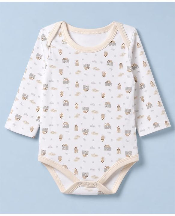 Babyhug 100% Cotton Knit Full Sleeves House Printed Onesie With Leggings & Cap Mittens & Booties Set - White & Beige
