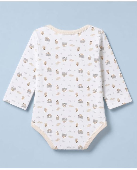Babyhug 100% Cotton Knit Full Sleeves House Printed Onesie With Leggings & Cap Mittens & Booties Set - White & Beige