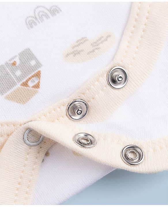 Babyhug 100% Cotton Knit Full Sleeves House Printed Onesie With Leggings & Cap Mittens & Booties Set - White & Beige