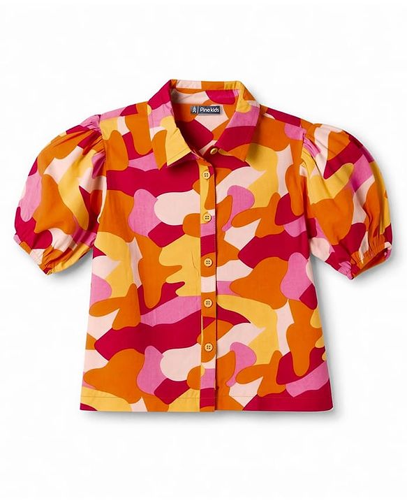 Pine Kids Rayon Woven Collar Neck Shirt Style Top with Camouflage Print -Rust Orange