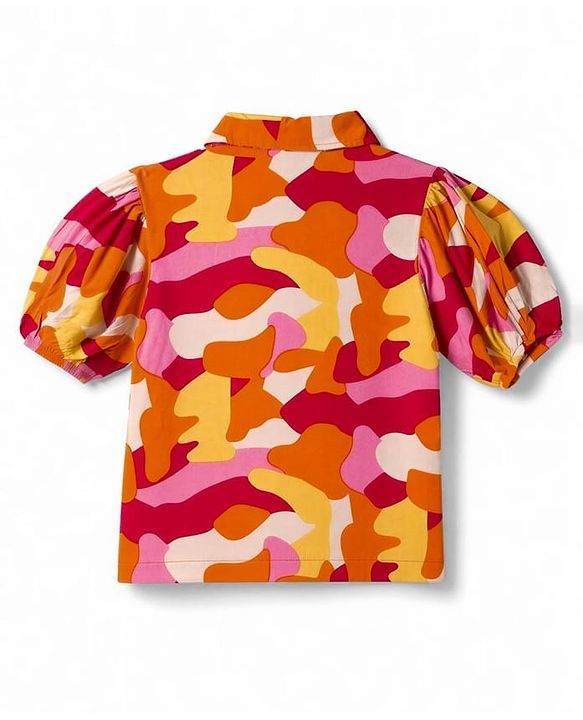 Pine Kids Rayon Woven Collar Neck Shirt Style Top with Camouflage Print -Rust Orange