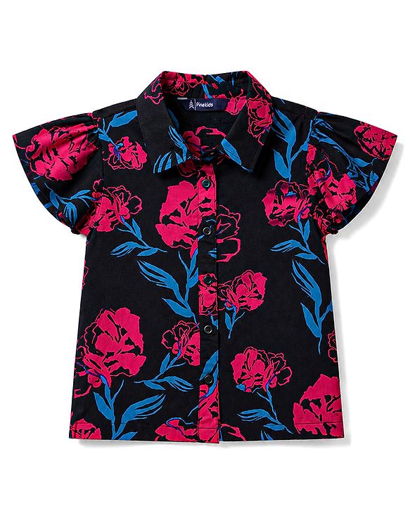 Pine Kids Rayon Woven Collar Neck Shirt Style Top with Floral Print -Navy