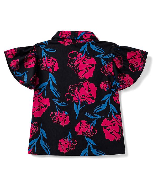 Pine Kids Rayon Woven Collar Neck Shirt Style Top with Floral Print -Navy