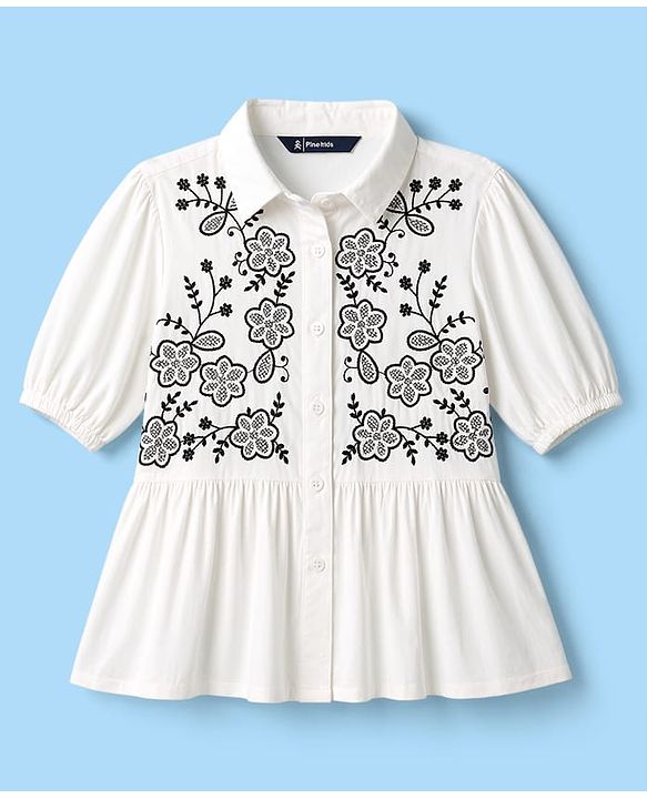 Pine Kids Cotton Woven Frock Style Tops Embroidered Half Sleeves White 4-5 Years