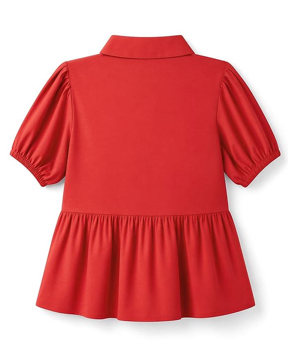 Pine Kids Woven Half Sleeves Peplum Top With Floral Embroidered Detail - Red