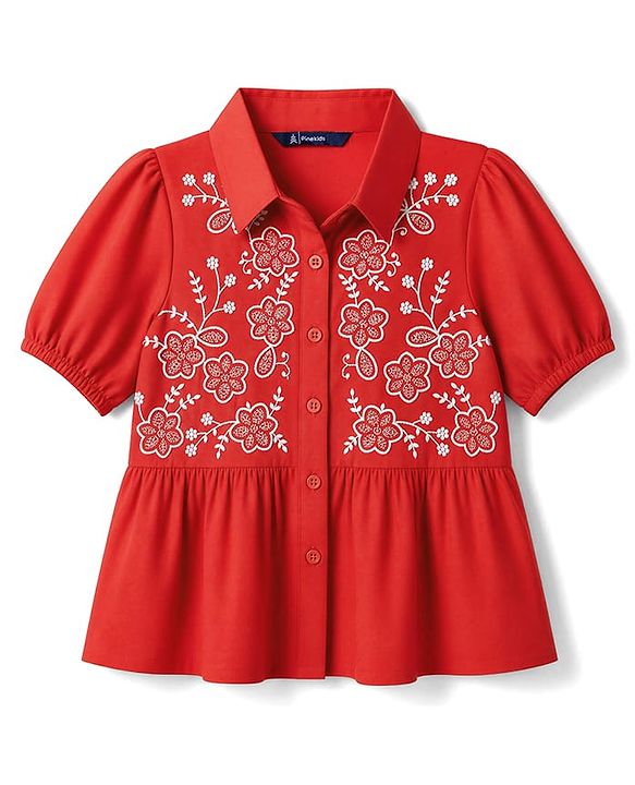 Pine Kids Woven Half Sleeves Peplum Top With Floral Embroidered Detail - Red