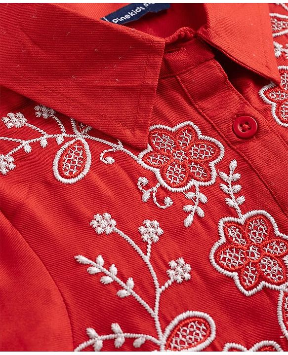 Pine Kids Woven Half Sleeves Peplum Top With Floral Embroidered Detail - Red