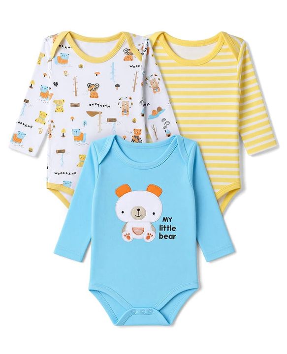 Babyhug 100% Cotton Interlock Knit Full Sleeves Striped Onesies With Teddy Bear Print & Applique Pack of 3 - White, Light Blue& Yellow