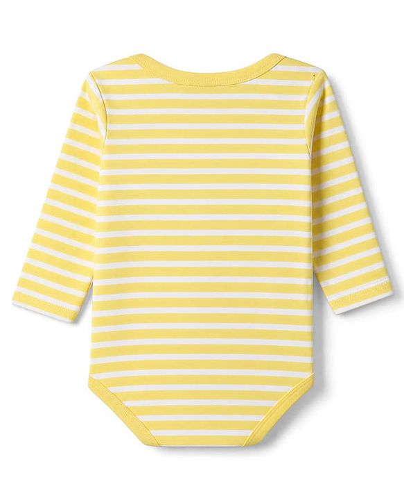 Babyhug 100% Cotton Interlock Knit Full Sleeves Striped Onesies With Teddy Bear Print & Applique Pack of 3 - White, Light Blue& Yellow