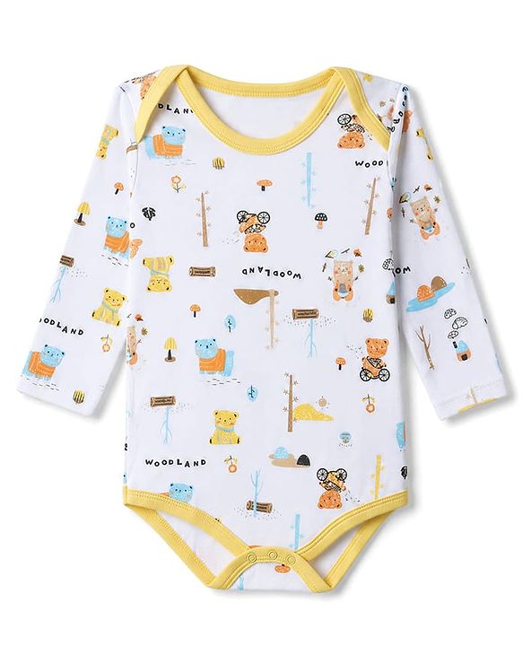 Babyhug 100% Cotton Interlock Knit Full Sleeves Striped Onesies With Teddy Bear Print & Applique Pack of 3 - White, Light Blue& Yellow