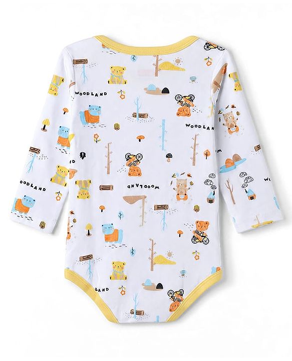 Babyhug 100% Cotton Interlock Knit Full Sleeves Striped Onesies With Teddy Bear Print & Applique Pack of 3 - White, Light Blue& Yellow