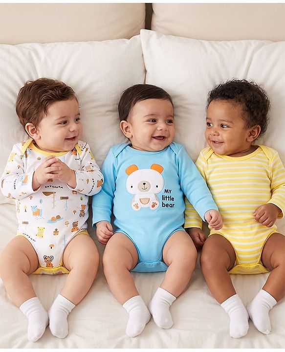 Babyhug 100% Cotton Interlock Knit Full Sleeves Striped Onesies With Teddy Bear Print & Applique Pack of 3 - White, Light Blue& Yellow