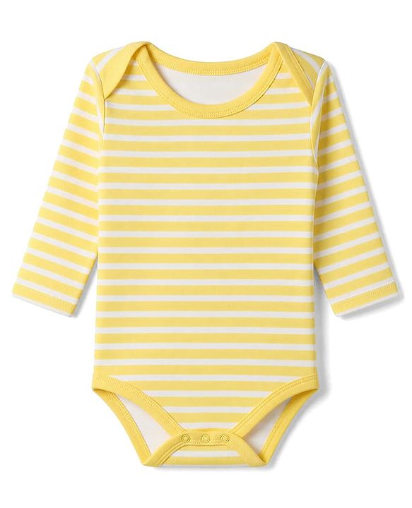 Babyhug 100% Cotton Interlock Knit Full Sleeves Striped Onesies With Teddy Bear Print & Applique Pack of 3 - White, Light Blue& Yellow
