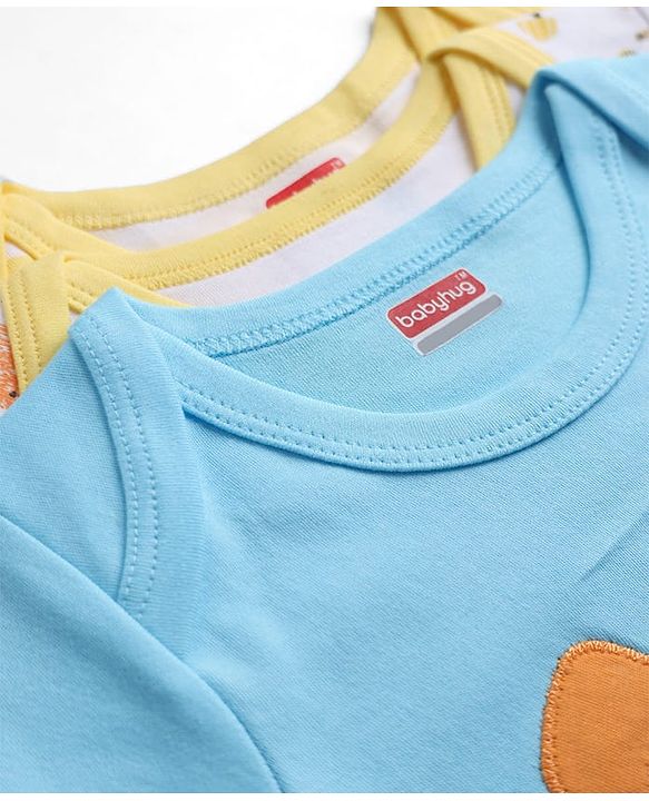 Babyhug 100% Cotton Interlock Knit Full Sleeves Striped Onesies With Teddy Bear Print & Applique Pack of 3 - White, Light Blue& Yellow