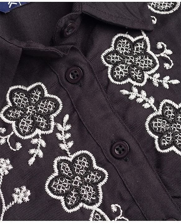 Pine Kids Rayon Woven Half Sleeves Peplum Top with Floral Embroidered Details - Black