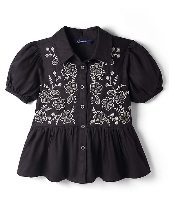 Pine Kids Rayon Woven Half Sleeves Peplum Top with Floral Embroidered Details - Black