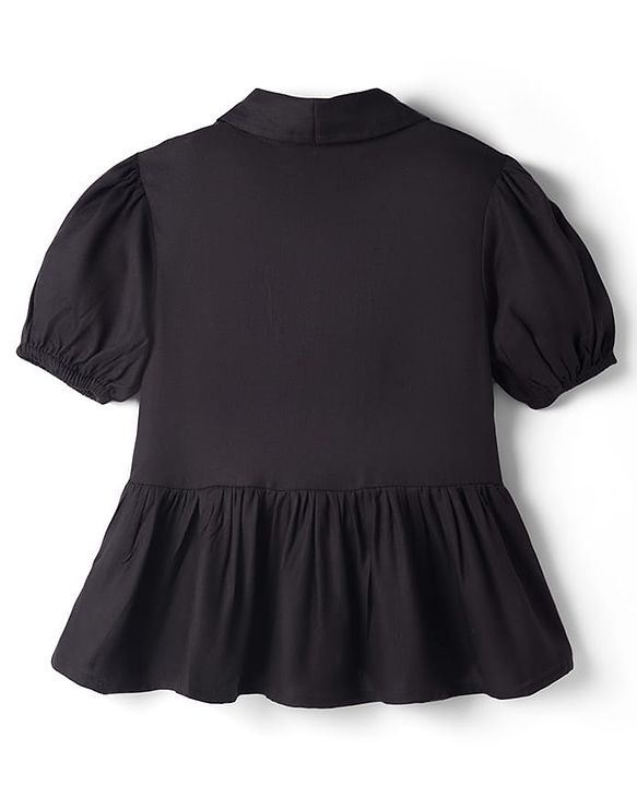 Pine Kids Rayon Woven Half Sleeves Peplum Top with Floral Embroidered Details - Black